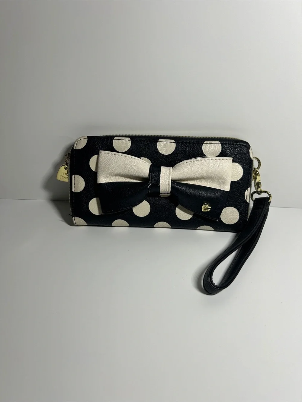 Betsey Johnson Black & Cream Polka Dot Bow Wristlet
